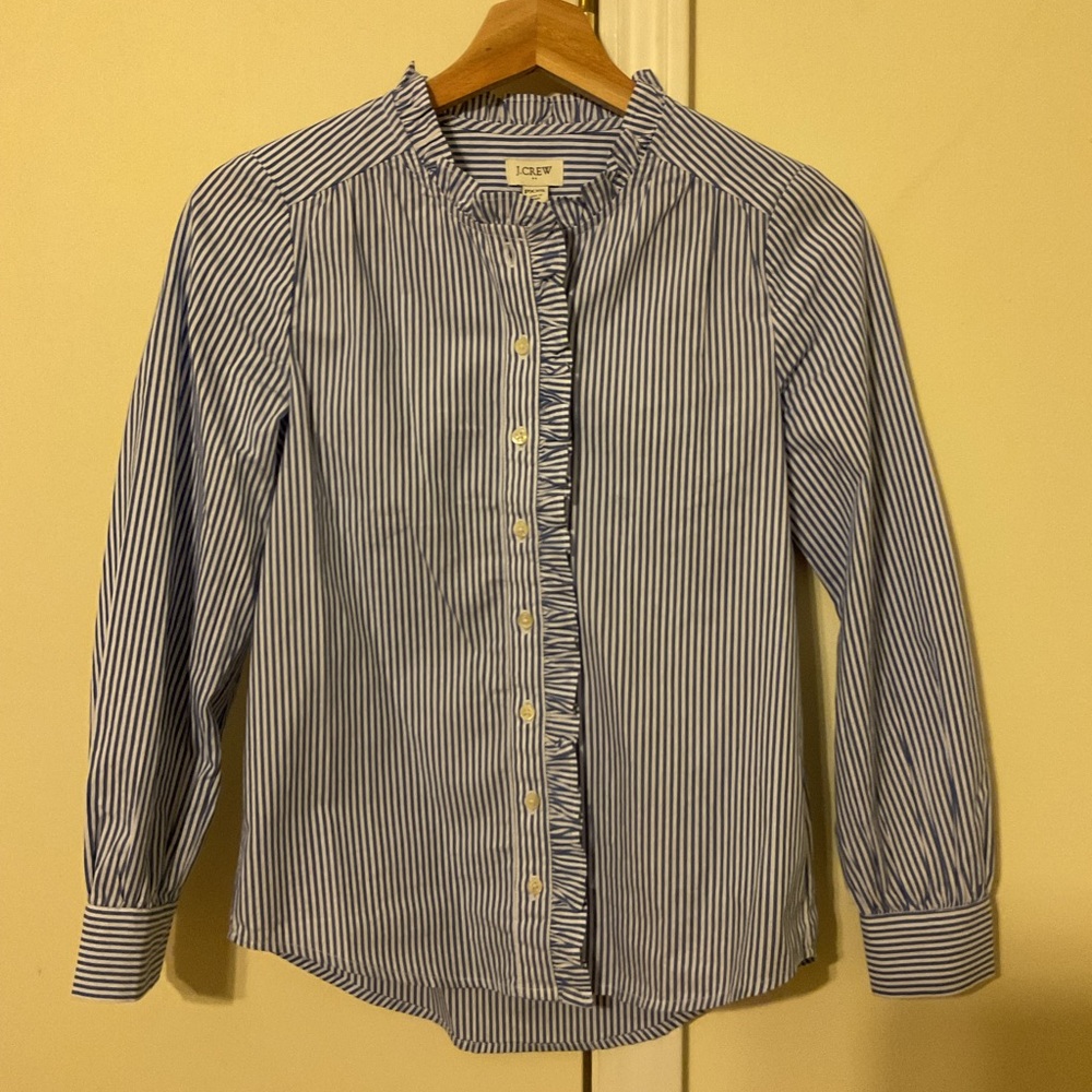 J. Crew Blue & White Stripped Ruffled Button Down Petite XXS